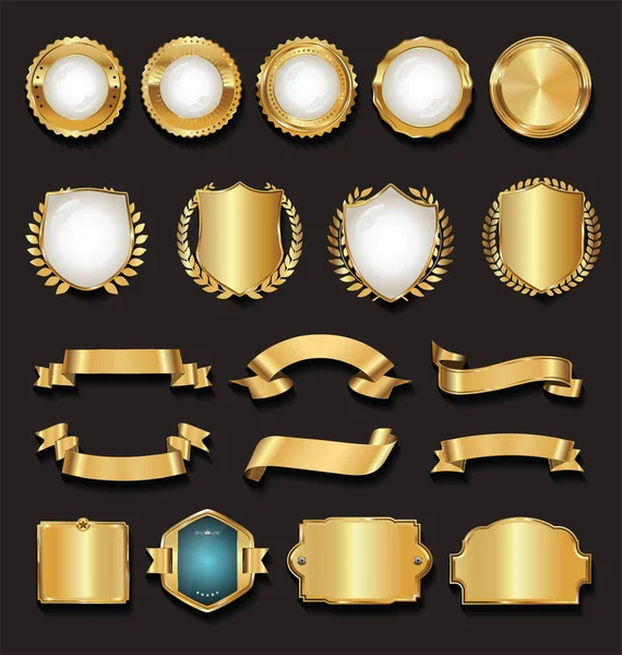 Fitas Retro Douradas Etiquetas Escudos Coleção Vetorial —  Vetores de Stock