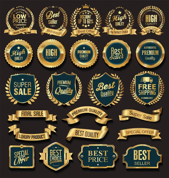 Venta Oro Insignias Etiquetas Vector Ilustración — Vector de stock