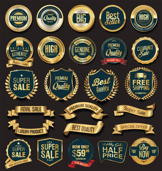 Ilustracja Wektorowa Sprzedaż Złote Odznaki Etykiety — Wektor stockowy