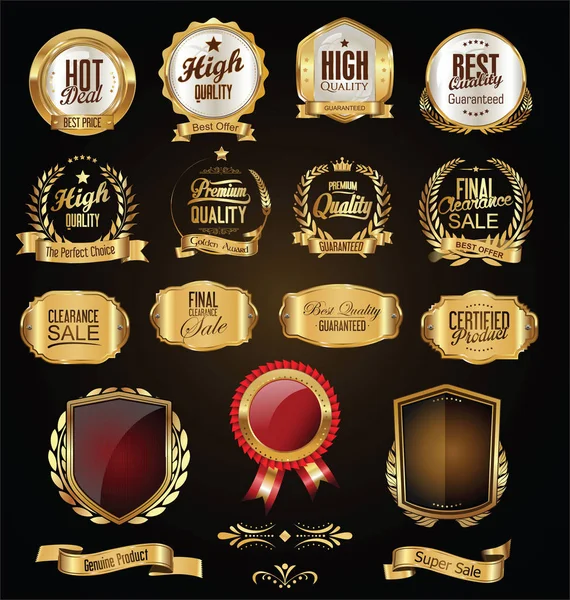 Badges Étiquettes Dorées Collection Design Vintage Rétro — Image vectorielle