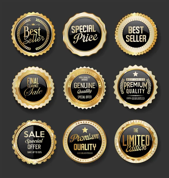 Zwarte Gouden Badges Illustratie Super Verkoop Collectie — Stockvector