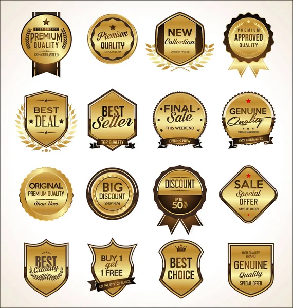 Collection Golden Flat Shields Badges Labels Retro Style — Stock Vector