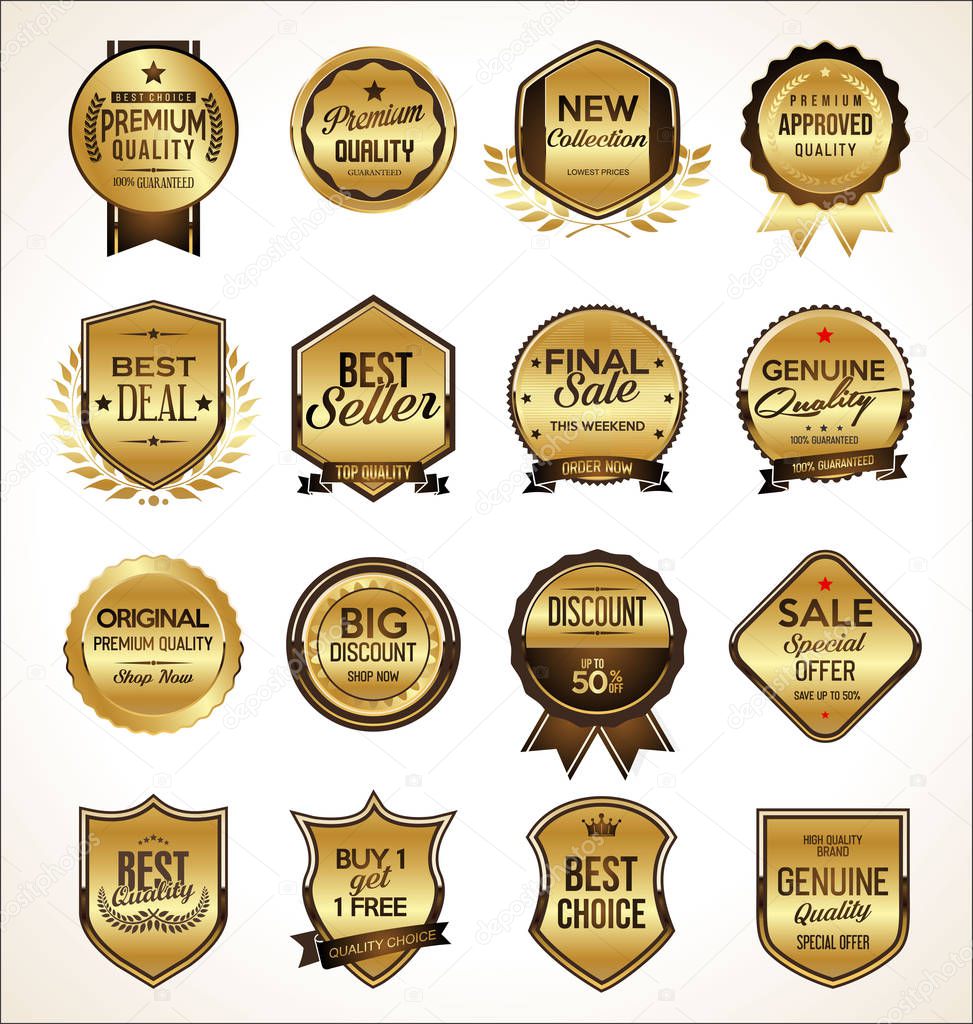 Collection of golden flat shields badges and labels retro style