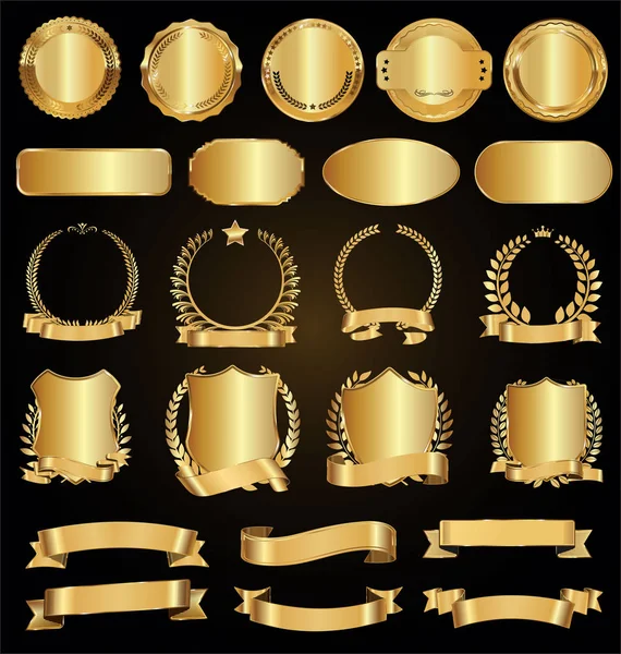 Collection Golden Badges Labels Laurels Ribbons — Stock Vector