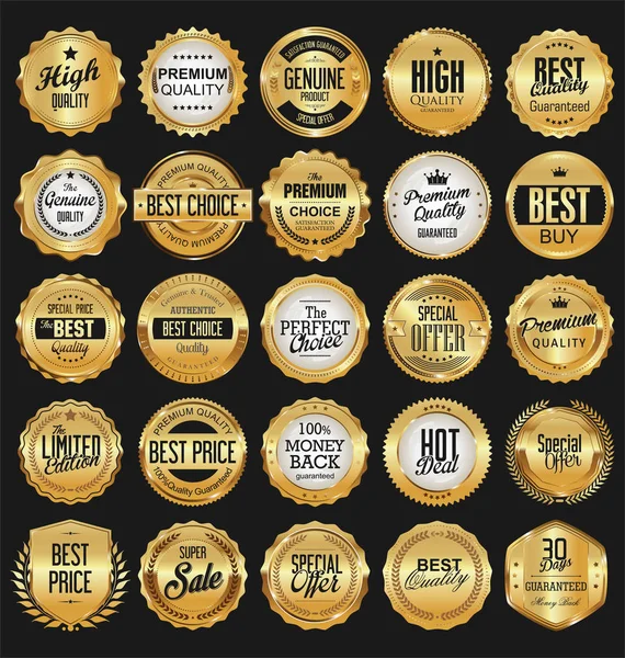 Collection Badges Dorés Étiquettes Lauriers Rubans — Image vectorielle