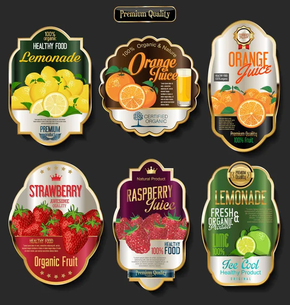 Organik Meyve Ürün Için Retro Vintage Altın Etiketleri — Stok Vektör