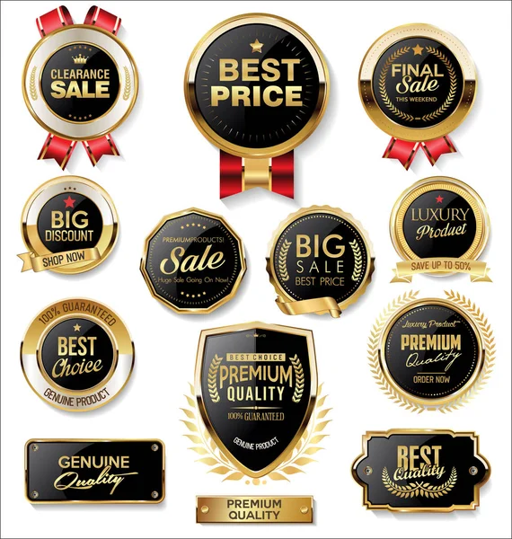 Retro Vintage Gold Black Badges Labels — Stock Vector