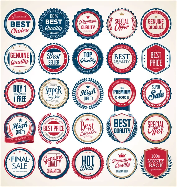 Retro Vintage Blauwe Rode Badges Labels — Stockvector