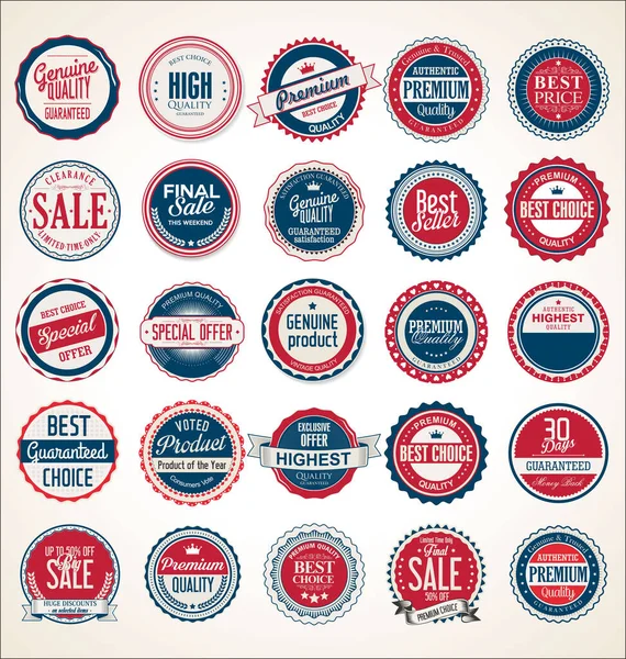 Badges Étiquettes Vintage Rétro Bleu Rouge — Image vectorielle