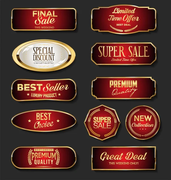 Golden Sale Labels Collection Black Background — Stock Vector