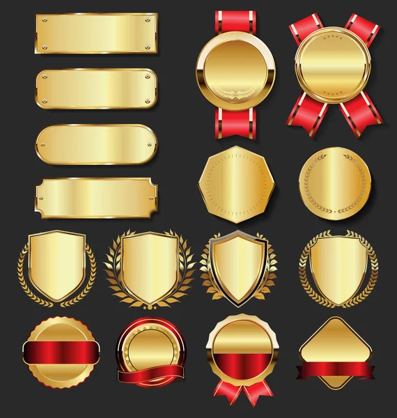Retro Vintage Dourado Laurel Coroa Crachá Escudos Coleção — Vetor de Stock