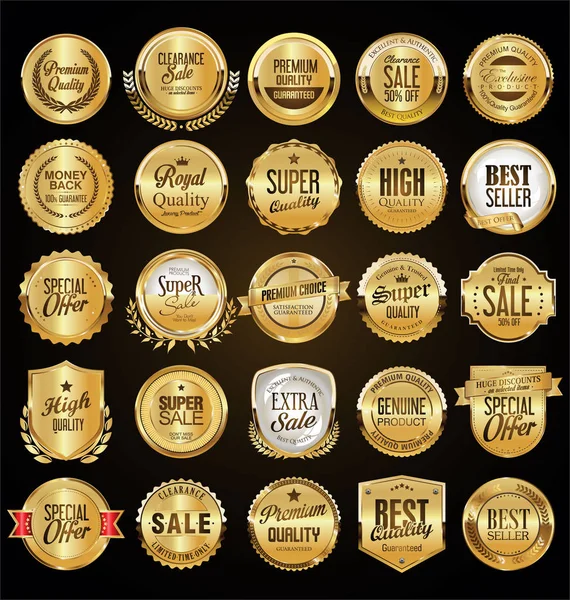 Büyük Satış Retro Altın Rozetler Etiketler Koleksiyonu — Stok Vektör