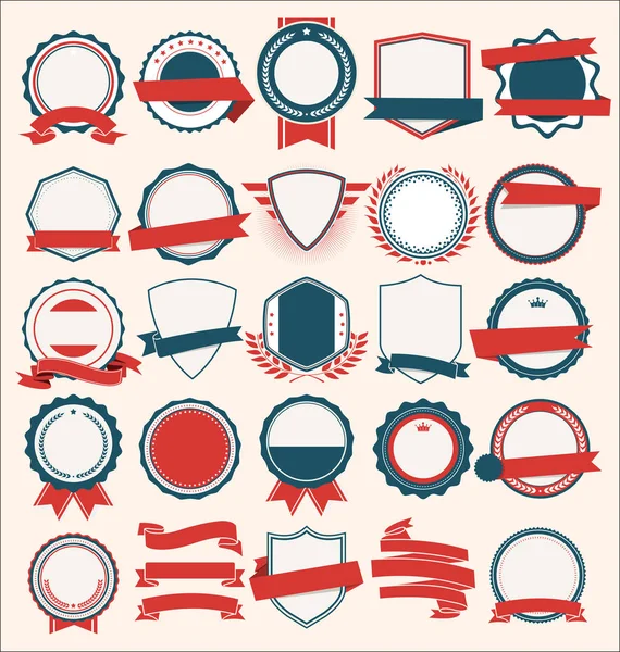 蓝色和红色复古风格的平盾徽章和标签系列 — 图库矢量图片
