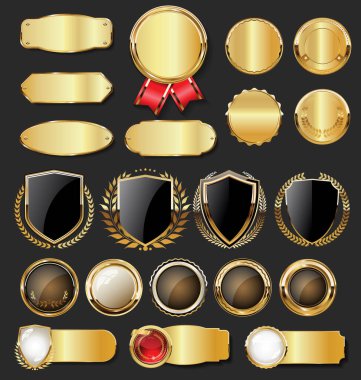Altın rozet koleksiyonu. Etiketler. Kalkan ve metal plakalar.