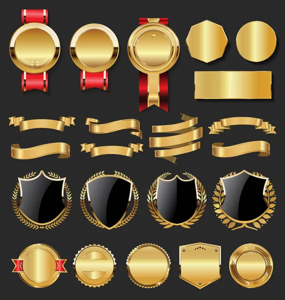 Collection Golden Badges Labels Laurels Shield Metal Plates — Stock Vector