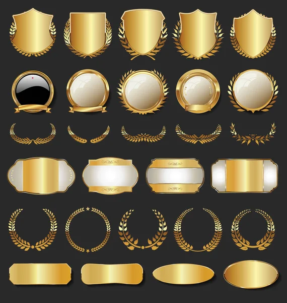 Колекція Золотих Значків Етикеток Лаврових Щитів Металевих Пластин — стоковий вектор