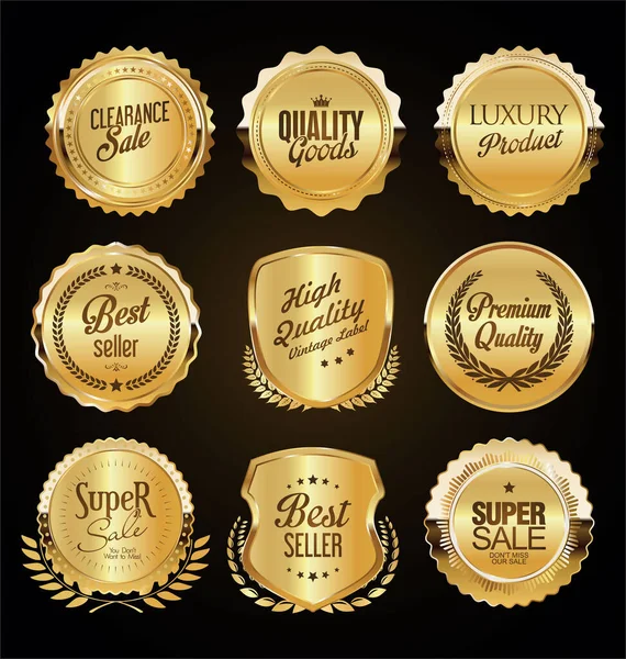 Retro Vintage Golden Badges Labels Shields — Stock Vector