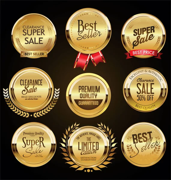 Retro Vintage Gouden Badges Etiketten Schilden — Stockvector