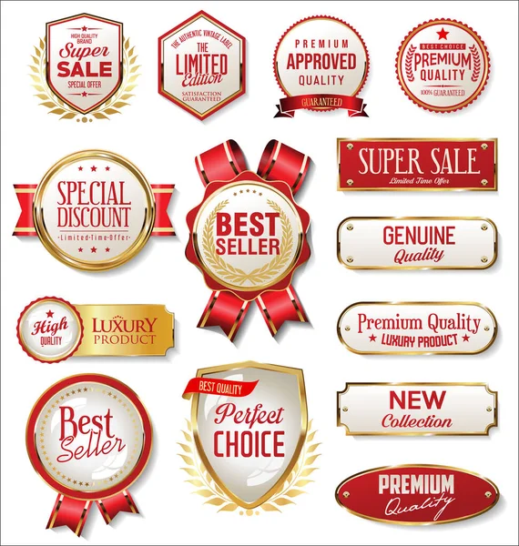 Retro Vintage Gouden Rode Badges Etiketten Collectie — Stockvector