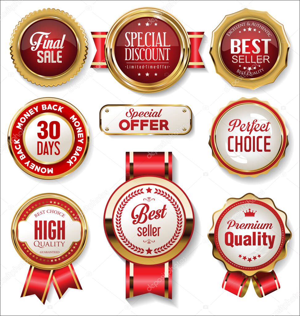 Retro vintage gold and red badges and labels collection