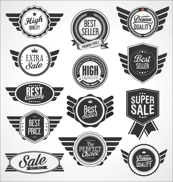 Collection Black White Shields Badges Labels Retro Style — Stock Vector