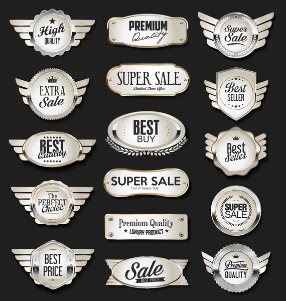 Collection Badges Étiquettes Boucliers Argentés Style Rétro — Image vectorielle