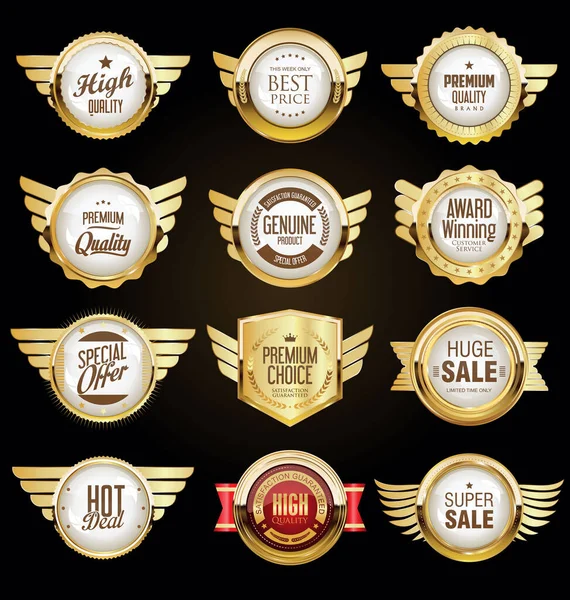 Collection Badges Dorés Étiquettes Style Rétro — Image vectorielle