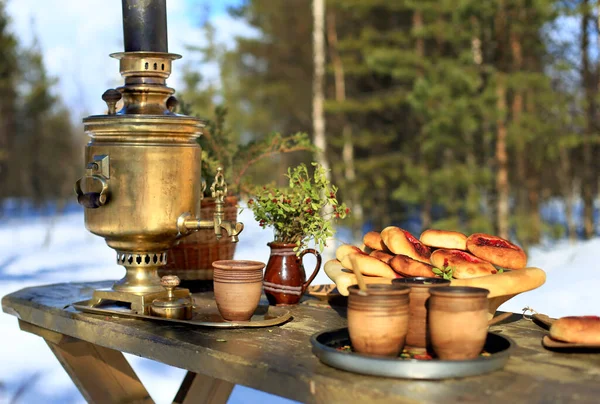 Tea party in the forest and Russian samovar