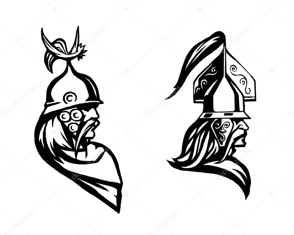 Warrior. Head of barbarian. Profile of warrior — Stock Vector