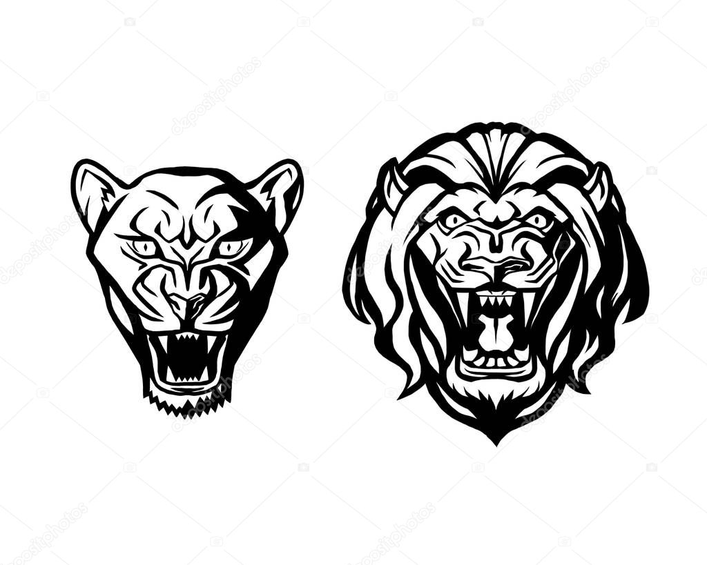 Head of lion and lioness. Logotype of vector template. Creative illustration.