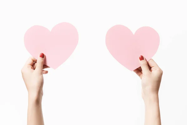 Close Women Holding Pink Blank Paper Heart Shape White Background — Stock Photo, Image