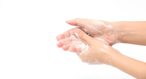 Woman Use Soap Washing Hands Isolated White Background Hygiene Concept — Stock Photo, Image