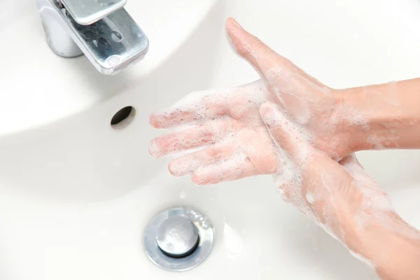 Woman Use Soap Washing Hands Water Tap Hygiene Concept Hand — Stock Photo, Image