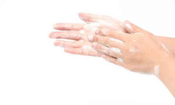 Kadın Beyaz Arka Planda Izole Edilmiş Sabun Yıkama Kullanıyor Hijyen — Stok fotoğraf