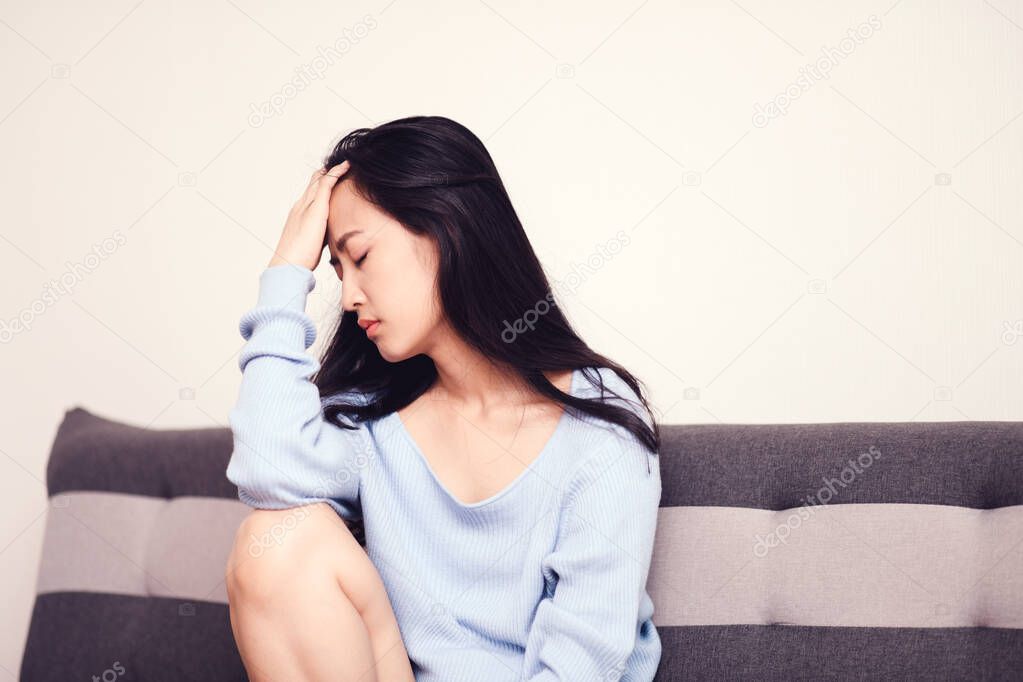 Panic attacks young girl sad fear stressful depressed emotional on the sofa. A person with anxiety, people with bad feeling down healthy.
