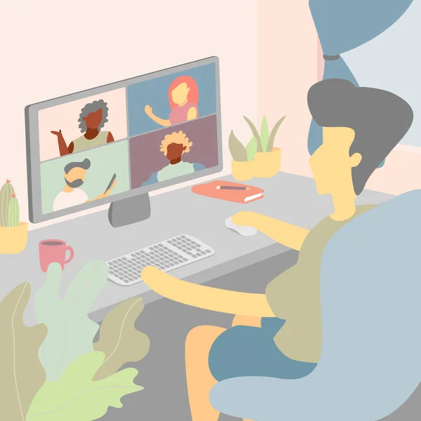 图例平面设计的卡通人物工作在家里或任何地方 多元化的概念人们在网上工作 在家里开会 电晕病毒检疫期间的社会距离 — 图库矢量图片