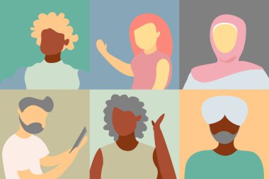 Evde çalışan çizgi film karakterinin düz tasarımı. Çevrimiçi çalışan çok çeşitlilik kavramı, evdeki konferans. Corona virüsü karantinası sırasında sosyal uzaklık.