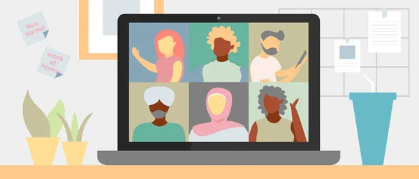 Illustraties Plat Ontwerp Van Videoconferentie Concept Van Multi Diversiteit Mensen — Stockvector