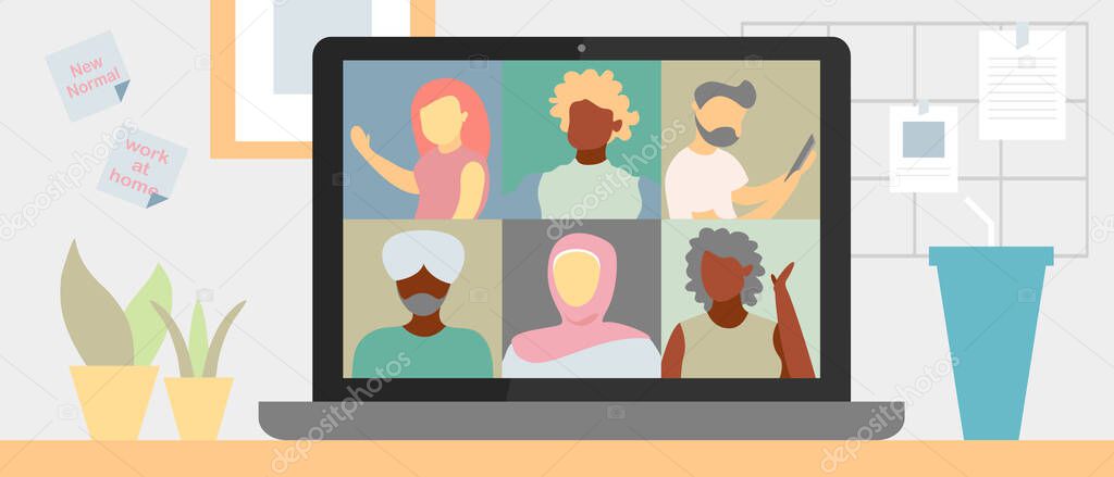 Illustrations flat design of video conference. Concept of multi-diversity people, workplace, laptop screen, group of people talking by internet. Stream, web chatting, online meeting friends. Coronavirus, quarantine isolation.