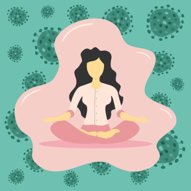 Bacak bacak üstüne atıp meditasyon yapan bir kadının tasarımı. COVID-19 salgınları sırasında karantina zamanında evde gelişen sağlık ve beyin gelişimini destekleme kavramı.