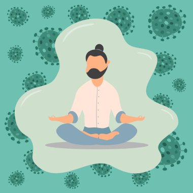 Bacak bacak üstüne atıp meditasyon yapan bir adamın düz tasarımı. COVID-19 salgınları sırasında karantina zamanında evde gelişen sağlık ve beyin gelişimini destekleme kavramı.