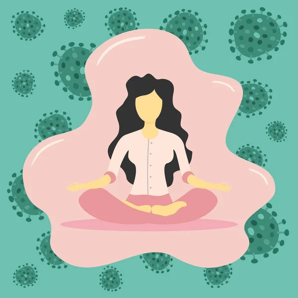Bacak bacak üstüne atıp meditasyon yapan bir kadının tasarımı. COVID-19 salgınları sırasında karantina zamanında evde gelişen sağlık ve beyin gelişimini destekleme kavramı.