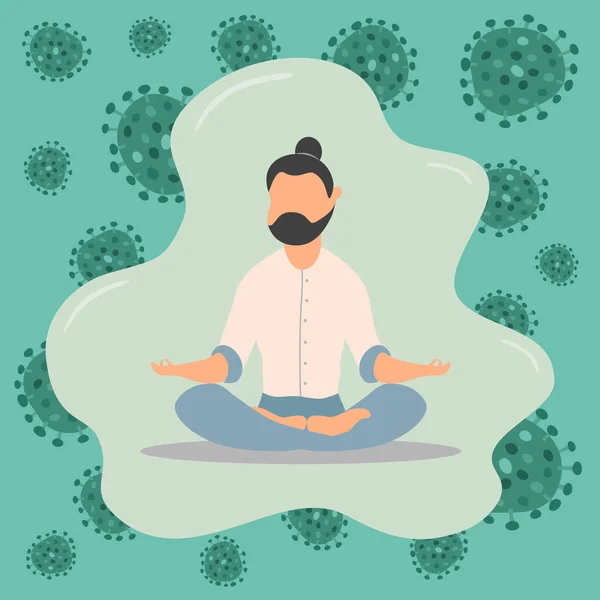 Bacak bacak üstüne atıp meditasyon yapan bir adamın düz tasarımı. COVID-19 salgınları sırasında karantina zamanında evde gelişen sağlık ve beyin gelişimini destekleme kavramı.