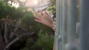Hand shows various gestures. Different emotions with gestures. A hand peeks out from behind the bars and shows a hello, welcome, goodbye, like and ok sign.