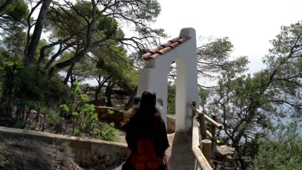 Girl with long hair in black kaftan dress and black hat walking along the path along the azure bay. Sunny day, blue sea and pine woods. Elegant young woman in black hat. Fashion and beauty. — Stok video