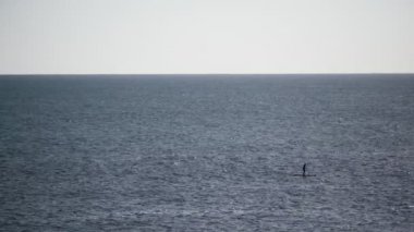 A lonely paddle surfer is swimming in the evening sea. Sun glare on the ripples of dark water. Calmness and pacification. Beautiful sea. Sup surfing in the beautiful bay. Water sport.