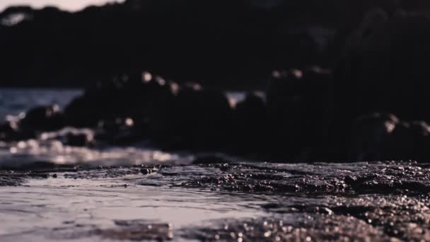 Piedi nudi femminili vanno lungo le scogliere costiere e passo in pozzanghere d'acqua. Un goccio d'acqua sotto i piedi. Vacanze estive e spensierate. Passeggiata lungo la spiaggia. Onde e schiuma di mare sullo sfondo . — Video Stock