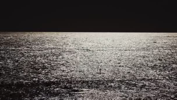 Ein einsamer Paddelsurfer schwimmt im Abendmeer. Sonnenblendung auf den Wellen des dunklen Wassers. Ruhe und Befriedung. wunderschönes Meer. Sup Surfen in der wunderschönen Bucht. Wassersport. — Stockvideo