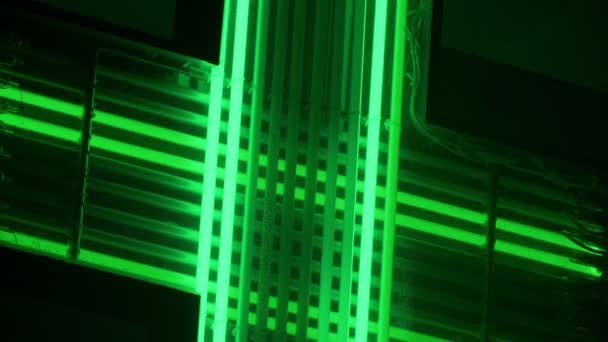 Lumini intermitente de neon verde. Compoziția abstractă a lămpilor de neon. Un fragment de semn luminos pe timp de noapte . — Videoclip de stoc