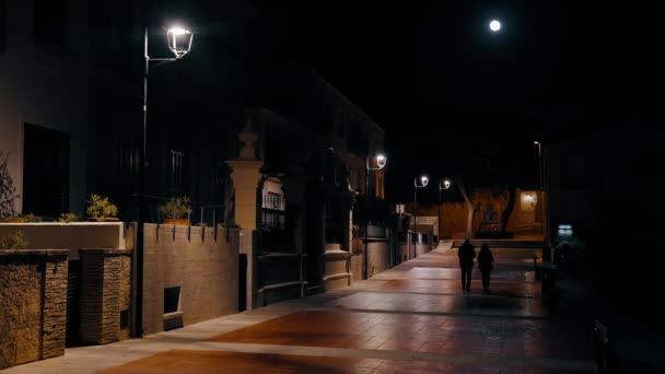 Пара прогулок по ночной улице маленького прибрежного городка. Желтый свет фонарей освещает улицу. Маленькие дома с балконами и променадом. Вдохновение. Ночная прогулка . — стоковое видео
